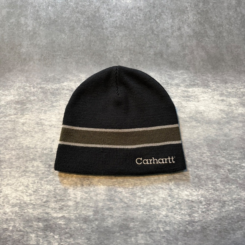 Vintage Y2K Carhartt Striped Beanie Hat Black Green Spellout Embroidered Skater